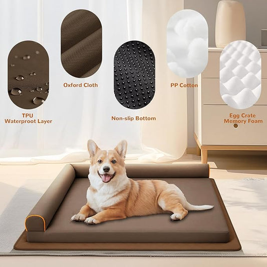 Dog Beds Medium Sized Dog Waterproof Washable Pet Bed Memory Foam Orthopedic Chew Proof Dog Couch with Anti-Slip Mat (Brown)