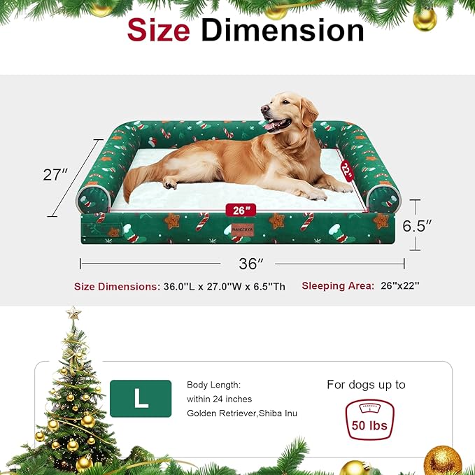 Large Dog Bed Orthopedic Washable: Christmas Pattern Big Dogs Beds with Bolster Puppy Sofa Couch Waterproof Removable Cover - Green