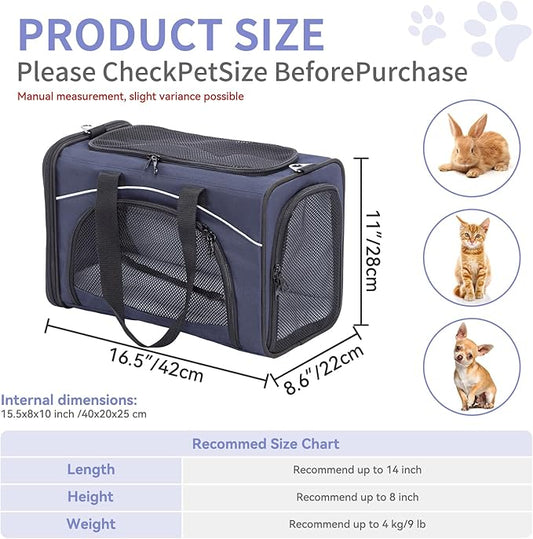 Petsfit Airline Approved Pet Carrier for Small Cats, 16.5x8.6x11 TSA Approved Carrier, with Removable Dual-Sided Padding (2-Way Placement) - Fits Under Most Airplane Seats, Escape Proof (Navy)