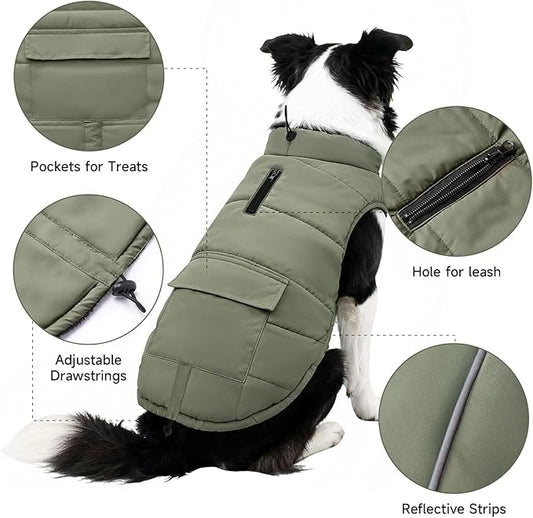 Dog Winter Coat - Waterproof Cold Weather Coat with Thick Padding, Windproof Dog's Snow Jacket with Neck & Tail Drawstrings, Reflective Puppy Jacket - Dog Coats, Olive Green M