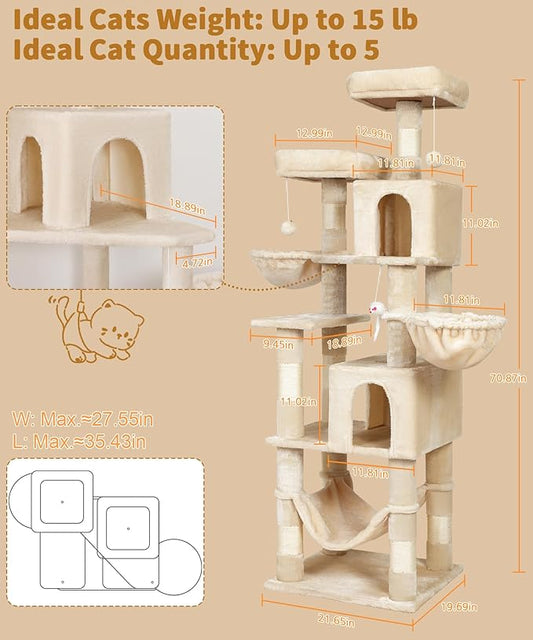 AMHANCIBLE Tall Cat Tree, 70 Inch Cat Tower for Indoor Cats, Multi-Level Cat Tree with Scratching Post, Hammock, Hanging Basket, Large Cat Condos for Adult Cats Kittens, Beige, PT18BG
