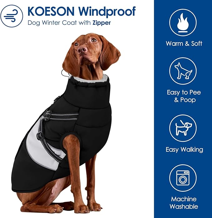 KOESON Dog Coat, Warm Dog Winter Jacket with Harness, Waterproof Pet Cold Weather Coats with Fleece Lining, Reflective & Windproof Snowsuit Sweater for Schnauzer, Yorkshire, Dachshund, Black S