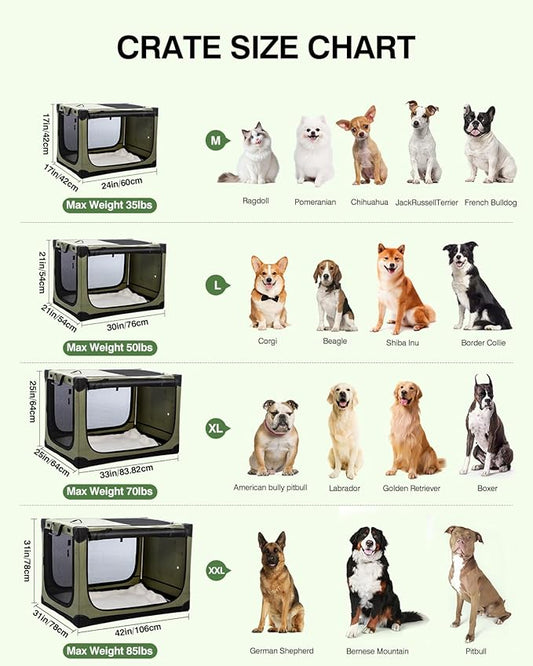 42 Inch Collapsible Travel Dog Crate for Medium Large Dogs, Portable Dog Crate 4-Door Foldable Soft Kennel with Durable Mesh Windows for Indoor & Outdoor Travel, with Storage Bag,Green