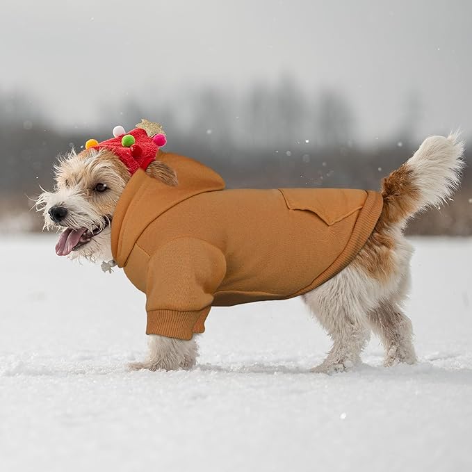 Solid Soft Brushed Fleece Dog Sweater & Hoodie with Pocket (Coffee-S)