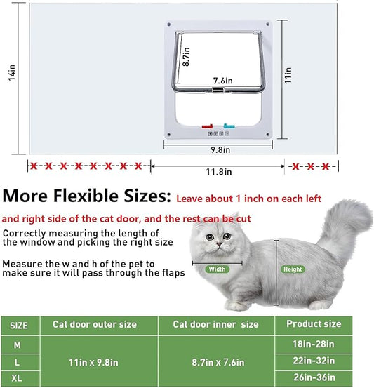 Cat Door for Window, Safety Cat Window with 4 Locking Modes, Fits 12" - 36" Window, Pet Friendly Window Cat Door Insert, Ease of Installation, Magnetic Closure, Weatherproof Design, Frosted Plexiglass