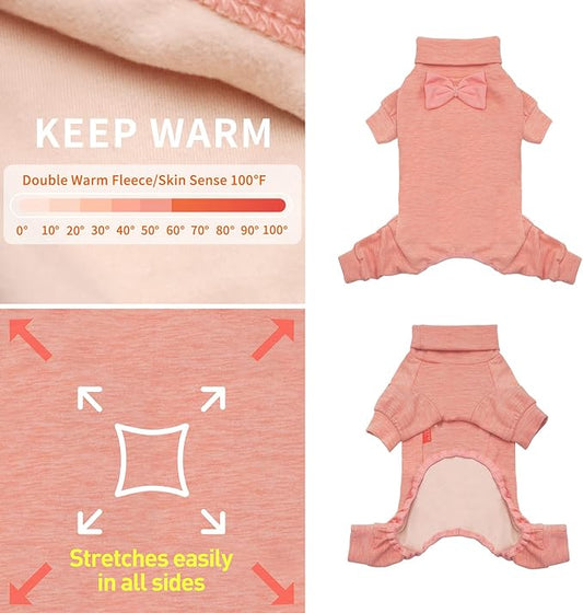 KYEESE Dog Coats Turtleneck Stretchy Pet Sweater Super Soft Warm Material Dogs Pajamas with Bowtie Dog Onesie for Small Dogs Cold Weather Coat, Pink,M