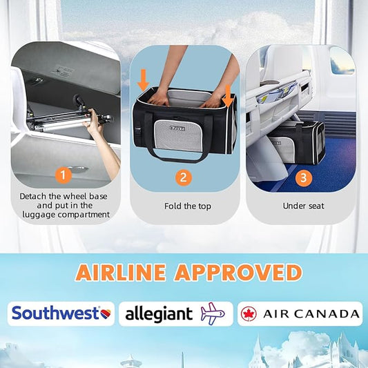 Petskd Top-Expandable Pet Carrier with Wheels 19x13x9 Inches Southwest Allegiant Airlines Approved, Soft-Sided Carrier for Small Dog Under 12 lbs and Large Cat Under 15 lbs(Black)