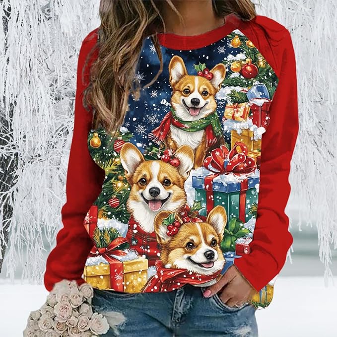 Womens Ugly Christmas Sweatshirt Funny Cat Dog Printed Xmas Pullover Shirts Crewneck Long Sleeve Graphic Hoodies