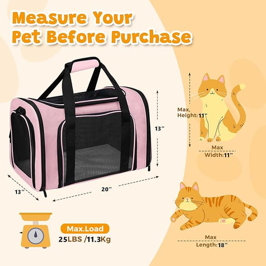 Soft Sided Pet Carrier - TSA Approved Collapsible Waterproof Travel Carrier for Small/Medium Cats Dogs Puppies (Up to 15lbs) - Pink