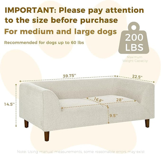 Dog Sofa Bed for Medium Dogs with Backrest and Armrest, Memory Foam Dog Sofa Couch, Modern Elevated Pet Couch Bed with Wooden Legs, Beige