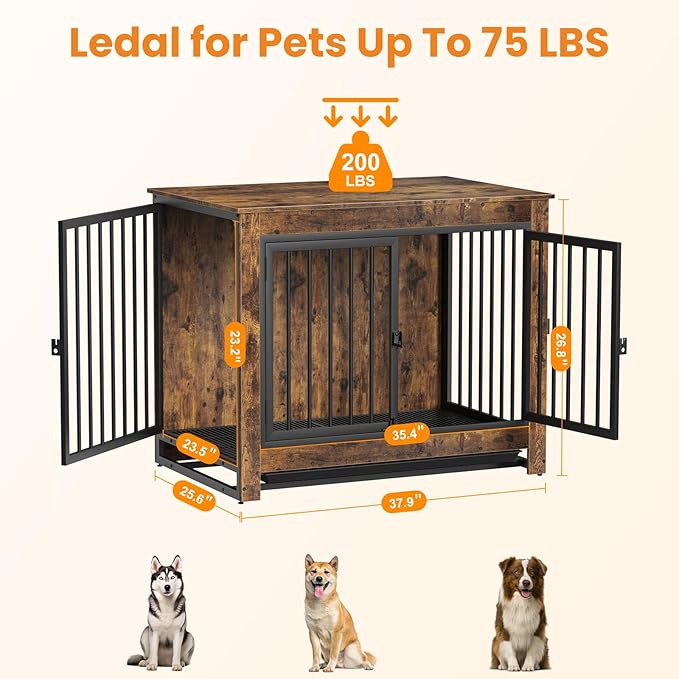 Dog Crate Furniture, 38 Inch Indoor Dog Kennel for Medium Dogs Up to 50 LBS, Heavy Duty Wooden Pet Cage End Table with 3 Doors, Alloy Steel Frame & Removable Tray
