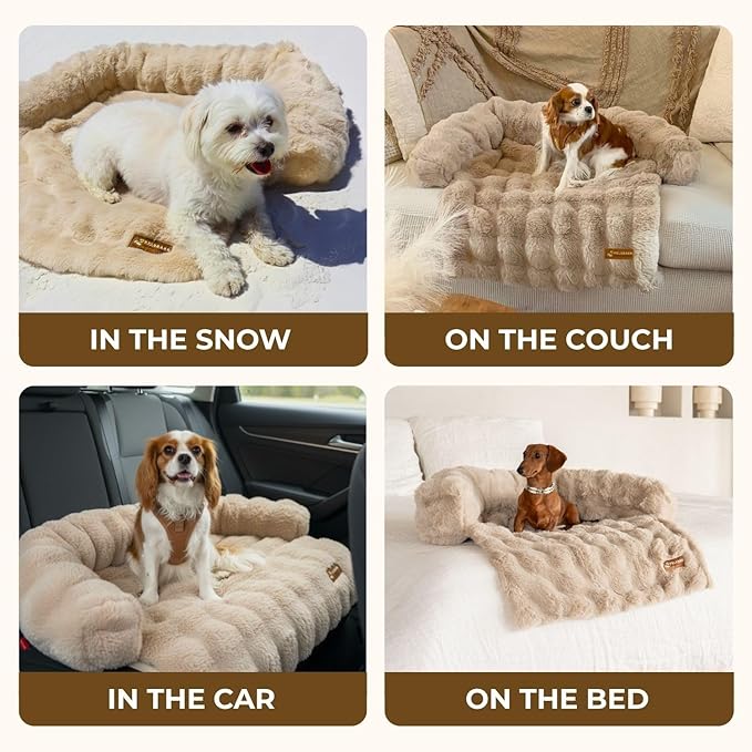 Pelsbarn Dog Bed for Couch, Luxurious Sofa Bed for Dogs with Non-Slip Oxford Bottom - Faux Rabbit Fur with Removable Cover, Small, Beige - 28x28 in