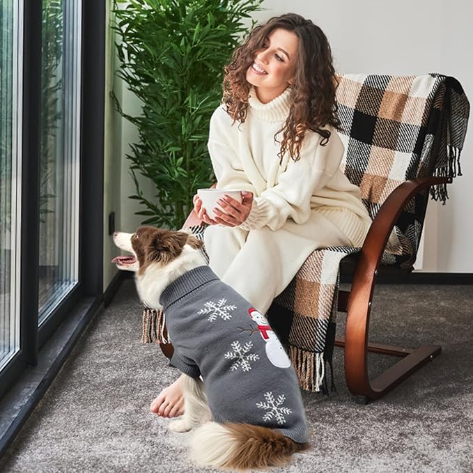 BingPet Turtleneck Thick Knitted Puppy Pullover - Cute Snowman Embroidered Dog Winter Sweater for Small to Large Dogs (Cold Weather Protection, Boy & Girl)