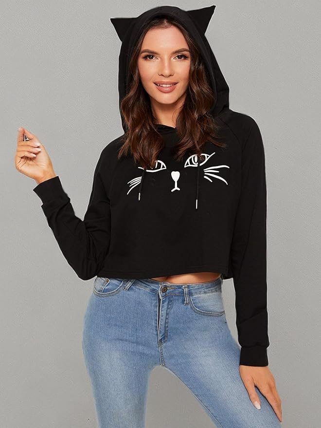 SweatyRocks Women's Long Sleeve Hoodie Crop Top Cat Print Sweatshirt