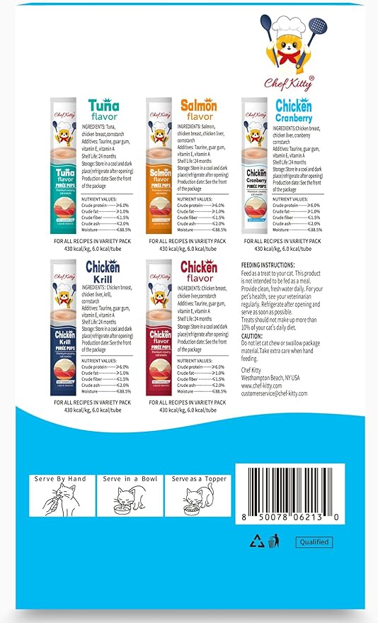 Chef Kitty Purée Pops, Cat Treats, Grain-Free, Lickable, Squeezable Creamy Cat Treat/Topper with Vitamin E & Taurine, 0.5 Ounces Each Tube, 10 Tubes, Chicken with Cranberry Recipe