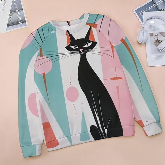 Biacolum Long Sleeve Shirts for Women Mid Century Retro Style Atomic Cat 3D Graphic Sweatshirts Fall Crewneck Pullover Top