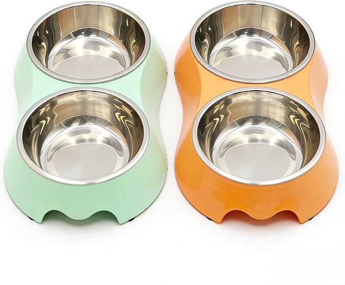 Large Orange Double Pet Bowl – Non-Slip Stainless Steel Food & Water Set for Medium/Large Dogs & Multiple Cats, BPA-Free Mess-Free Feeding Dishes