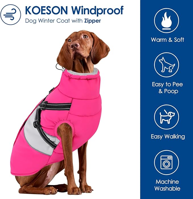 KOESON Large Dog Coat, Warm Dog Winter Coat Cold Weather Jacket with Built-in Harness and Reflective Straps, Windproof Pet Puffer Jacket Zip Up Fleece Vest for Pitbull, Husky, Hot Pink L