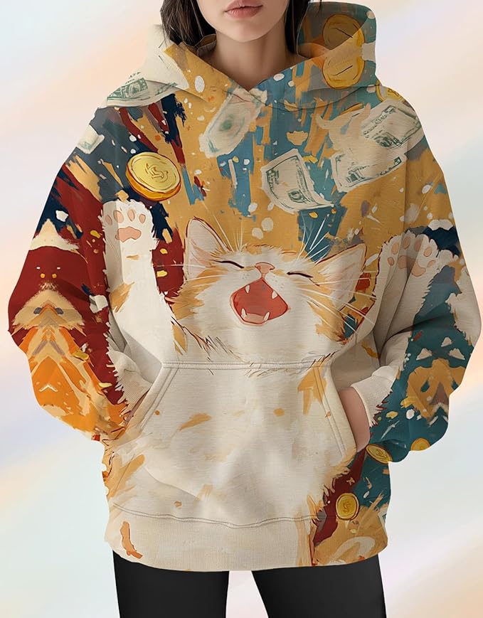 Womens Cat Print Hoodies Trendy Funny Cat Graphic Long Sleeve Sweatshirt Y2k Streetwear Hooded Pullover Tops