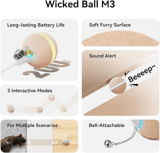 Cheerble Interactive Cat Ball Toy, Wicked Ball M3, Automatic Interactive Cat Toys for Indoor Cats with 3 Modes, Rechargeable Cat Enrichment Toys for Small/Medium/Large Cats to Keep Them Busy