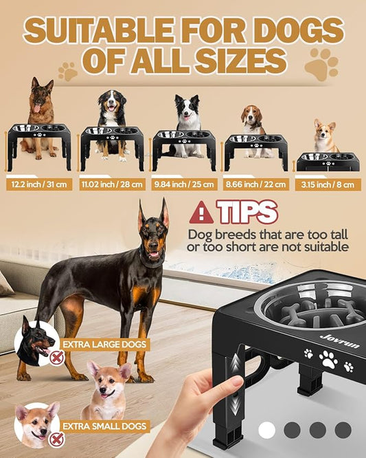 Elevated Dog Bowls, Dog Feeder with Stainless Steel Dishes & Slow Feeder Bowl, 5 Heights Adjustable Raised Stand for Medium Large, Food Dishes with Non-Slip Feet