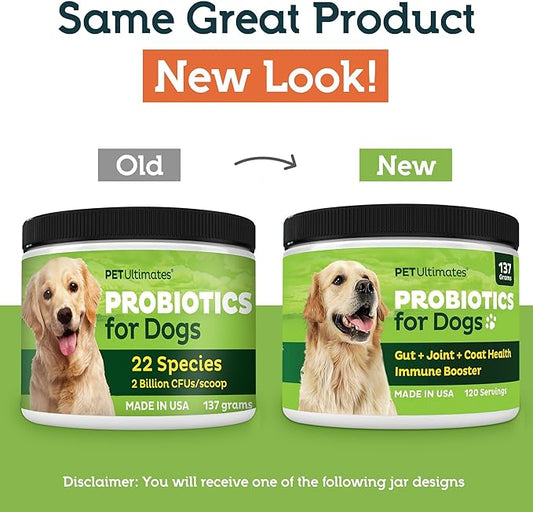 Pet Ultimates Probiotics for Dogs – 22-Species Dog Probiotics for Digestive Support & Antibiotics Recovery – Skin and Coat Supplement, Enhances Vitality – Dog Health Supplies (3 Pack)