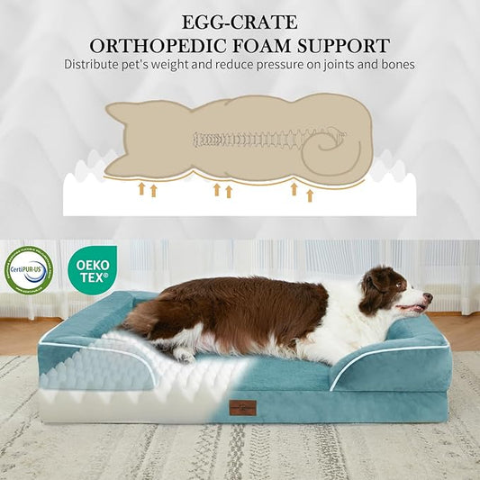 Comfort Expression Orthopedic Dog Bed for Extra Large Dogs 42x30 Inch, Waterproof Egg Crate Foam XL Pet Bed with Removable Bolsters, Dog Couch with Washable Cover & Non-Slip Bottom, Washed Blue