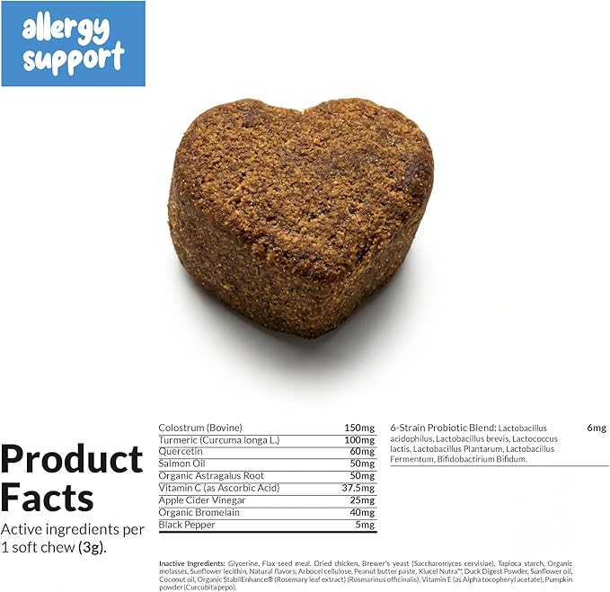 Dog Allergy Relief - Itching Skin Support - Anti-Itch Skin and Coat Supplement, with Probiotics, Salmon Oil, Colostrum, Quercetin, Turmeric - Dog Allergy Chews for Seasonal Allergies, Immunity Support