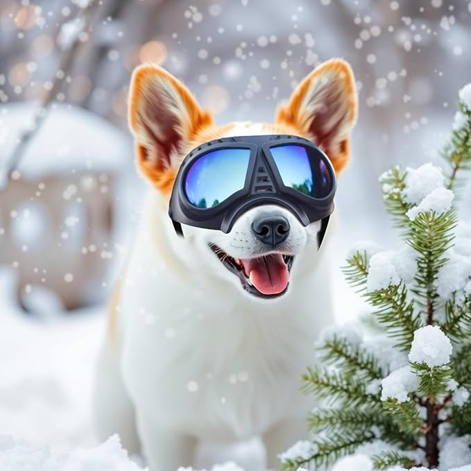PETLESO Dog Goggles for Small to Medium Breeds, Small Dog Sunglasses UV Protection Windproof Snowproof, Outdoor Driving/Riding/Hiking Pet Eyes Protection, Soft Frame Adjustable Straps, Blue Lens