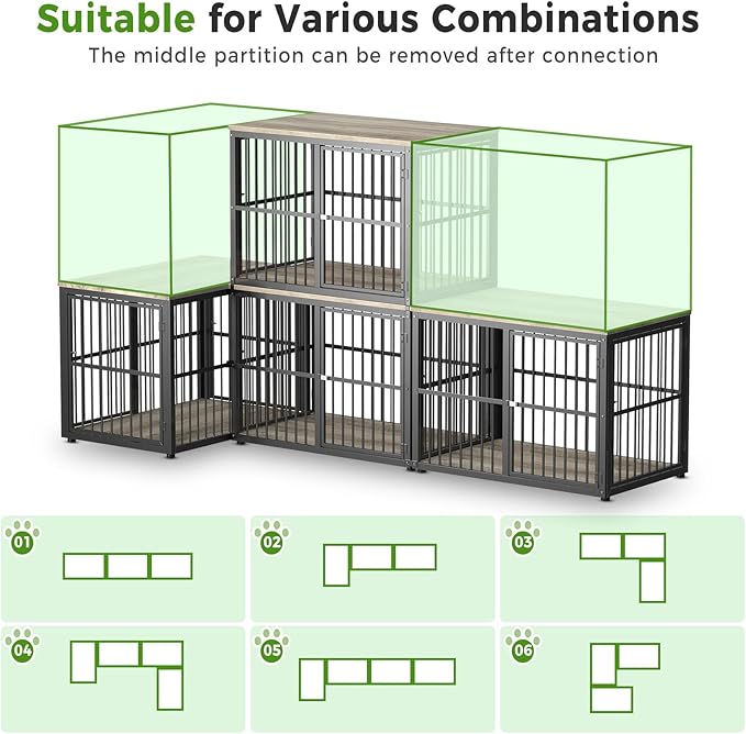 Lyromix 43'' L-Shaped Corner Dog Crate Furniture Large Breed with Double Rooms,Wooden Dog Crate End Table Indoor with Removable Divider for Small to Medium Dogs, Can Use Separately