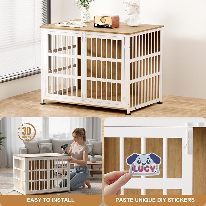 42" Furniture Style Large Dog Crate with Wheels, Metal Chew-Resistant Dog Kennel Indoor for Large & Medium Dogs, 41.9" W x 28.3" D x 31.7" H, Decorate House as TV Stand, End Table — Natural and White