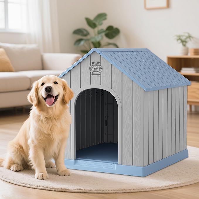 Large Dog House Outdoor Indoor for Medium Large Dogs, Sturdy Plastic Waterproof Doghouse with Air Vents and Elevated Floor, Easy Clean and Assemble (Light Blue, 36.2''L×38''W×38''H)