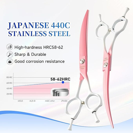Curved Dog Grooming Scissors Pink to White Gradient 440C Stainless Steel Pet Grooming Shears Sharp Durable Dog Shears for Professional or Home Use Ergonomic Handle with 2 Silicone Finger Rings