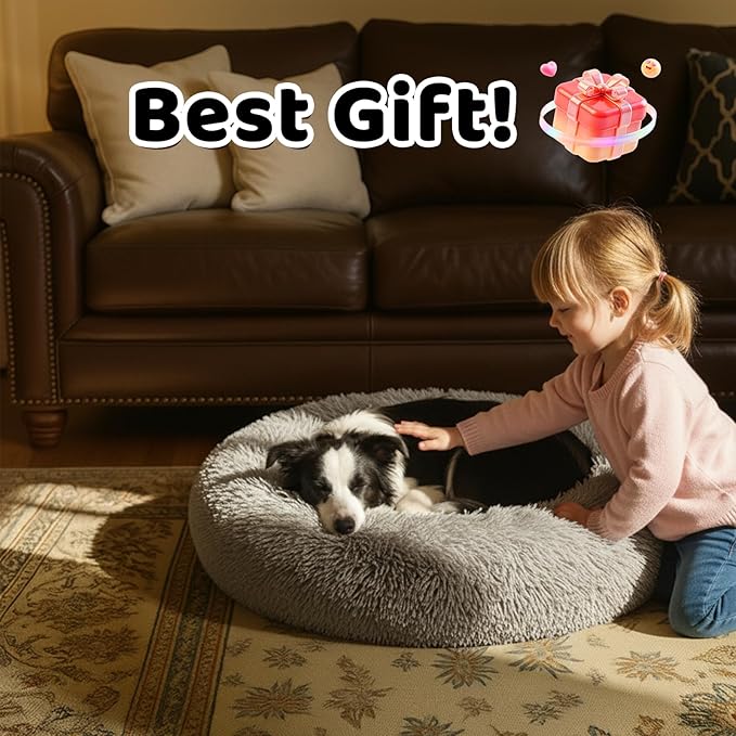 Medium Dog Donut Pet Bed, Round Soft Cat Cuddler for Calming, Anti-Anxiety Cozy Sofa, Fluffy Faux Fur Plush Cushion-31''-Grey