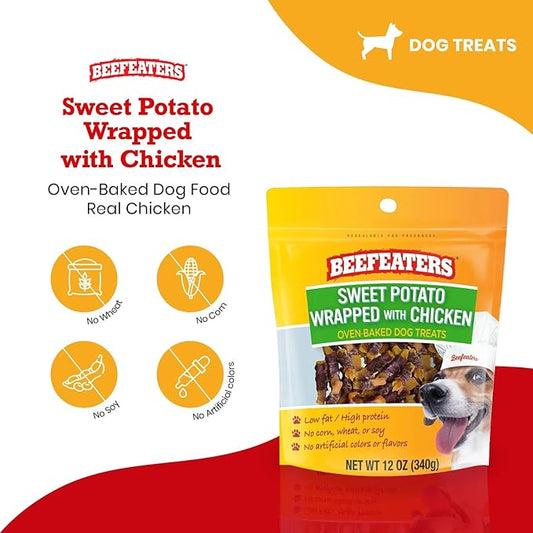 Beefeaters Sweet Potato Wrap with Chicken – Dog Treat. No Corn, Wheat, Soy or Gluten, Low Fat, Whole Muscle Jerky, Ideal for Training & Snacks
