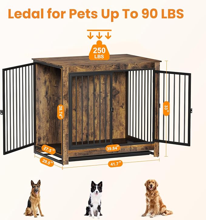 Dog Crate Furniture, 42 InchI ndoor Large Dog Kennel for Medium to Large Dogs Up to 70 LBS, Heavy Duty Wooden Pet Cage End Table with 3 Doors, Alloy Steel Frame & Removable Tray