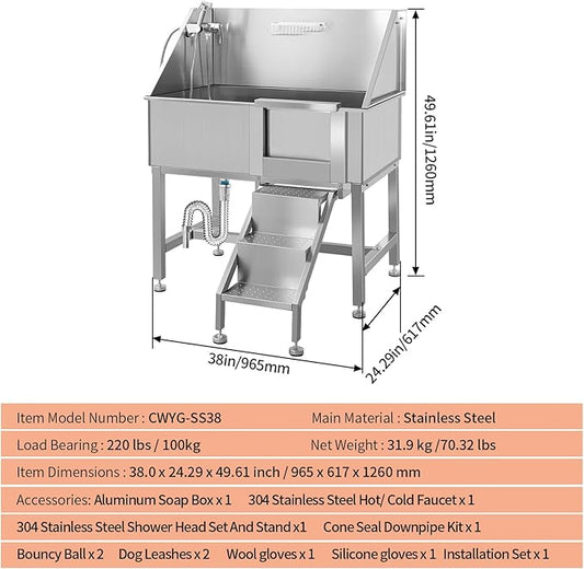 38" Stainless Steel Dog Washing Stations for Large Dogs, Pet Grooming Tub for Home, Professional Pet Bathtub Bathing Station, Pet Wash Station, Dog Shower Tub with Stairs, Drain & Door,R-Door