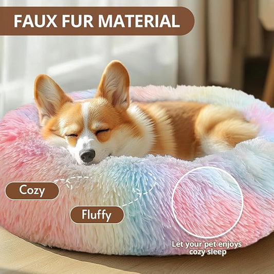 JOLLYVOGUE Small Dog & Cat Beds for Indoor Cats, Donut Cuddler Warming Soft Dog Beds with Anti-Slip Bottom, Round Calming Fluffy Plush Faux Fur Cushion Bed for Small Dogs (20", Rainbow)