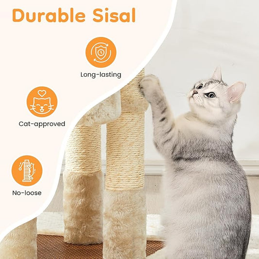 Multi-Level Cat Tower with Scratching Posts, Cat Tree with Double Cat Bed & Hanging Toys, Cute Climbing Tower with Sisal Scratcher for Kittens & Adult Cats, Cream White