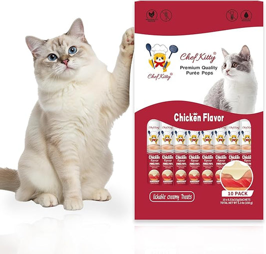 Chef Kitty Purée Pops, Cat Treats, Grain-Free, Lickable, Squeezable Creamy Cat Treat/Topper with Vitamin E & Taurine, 0.5 Ounces Each Tube, 10 Tubes, Chicken Flavor