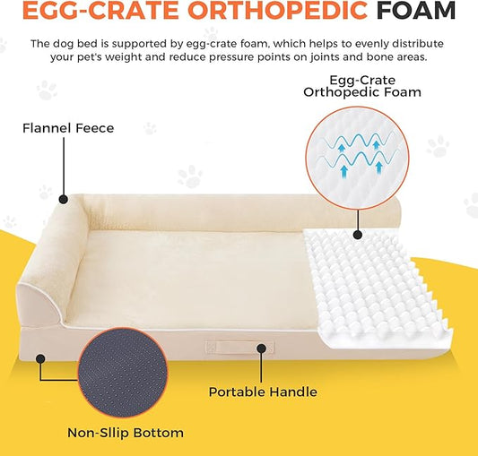 Dog Bed Large Sized Dogs, XL Orthopedic Dog Bed for Large Dogs, Waterproof Pet Bed with Washable Removable Cover, L-Shaped Pet Couch with Portable Handle 42"x30"x7.5", Beige