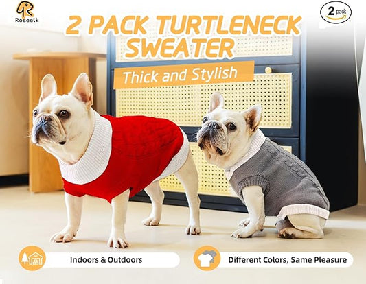 2 Pack Dog Christmas Sweaters for Small Dogs - Puppy Medium Warm Clothes Winter, Turtleneck Pullover Design for Male Boy Girl Pet, Doggie, Cat, Kitten Chihuahua Bulldog (XS, Xmas Red, Grey)