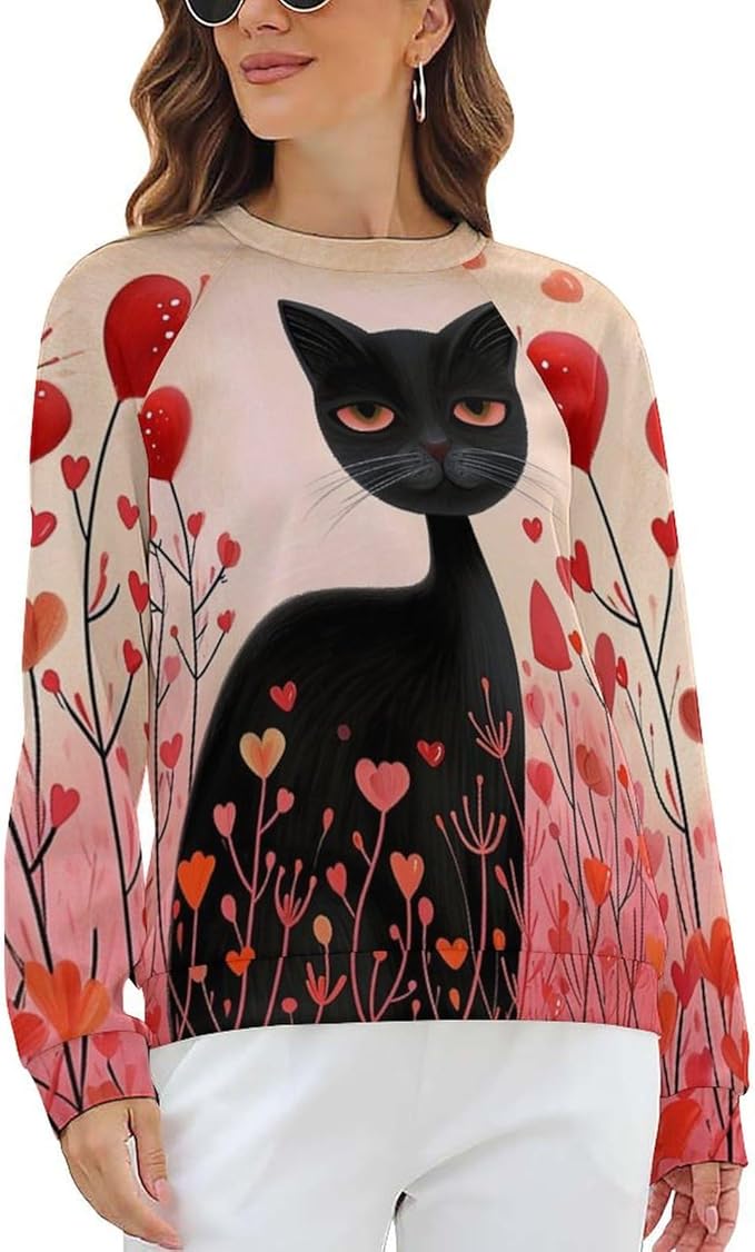 Biacolum Long Sleeve Shirts for Women Mid Century Retro Style Atomic Cat 3D Graphic Sweatshirts Fall Crewneck Pullover Top