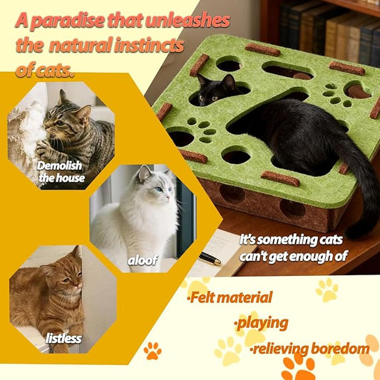 Interactive Cat Puzzle Toy, Felt Maze Box, Allows Cats to Play Independently, Scratching and Hunting Puzzle Box, Kitten Toy, a Gift for Kittens. (Green Square)