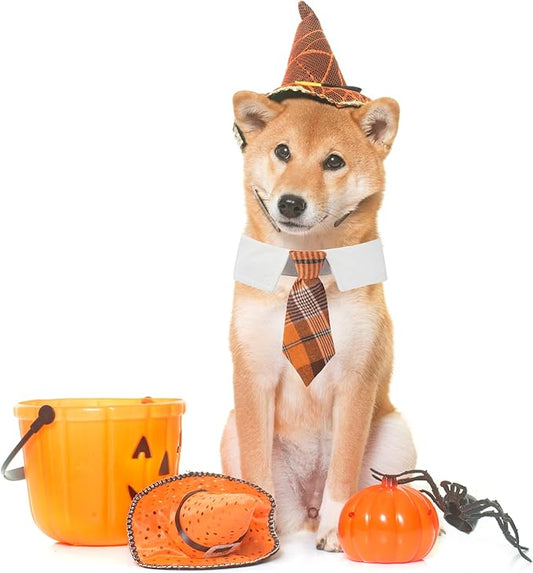 ADOGGYGO Fall Dog Necktie Pet Tuxedo Halloween Thanksgiving Dog Neck Tie Collar with Orange Plaid Tie for Medium Dogs Pets (Medium, Orange)