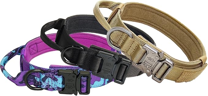 Hotsky Tactical Dog Collar, Adjustable Military Training Nylon Airtag Collar with Handle and Heavy Duty Metal Buckle for Medium Large Dogs, with Airtag Holder and Two Patches (Brown,XL)
