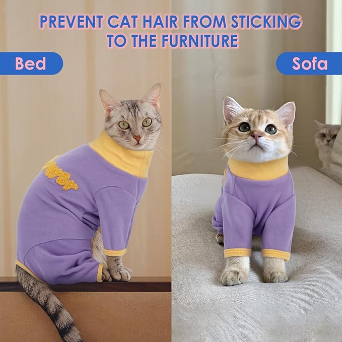 Cat Sticky Hair Clothes - Purple-XL, Prevent Fur Shedding Onesie for Adult Cat Suit,Sphynx Long Sleeves Pajamas for Air-Conditioned Room Wear,Keep Warmth,Soft,Stretchy