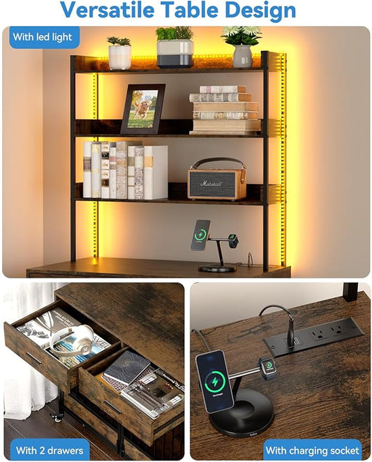 Petrova 72" Tall Dog Crate Furniture with Storage Shelves, 39" Heavy Duty Wooden Dog Kennel Indoor for Medium Dogs, Decorative Dog Cage with Charging Station, LED Light, 2 Drawers, Wheels