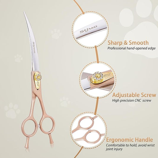 Professional Dog Grooming Scissors Rose Gold 440C Stainless Steel Straight Thinning Curved Chunker Shears for Pet Grooming Services Dogs and Cats (Curved, 7‘’)