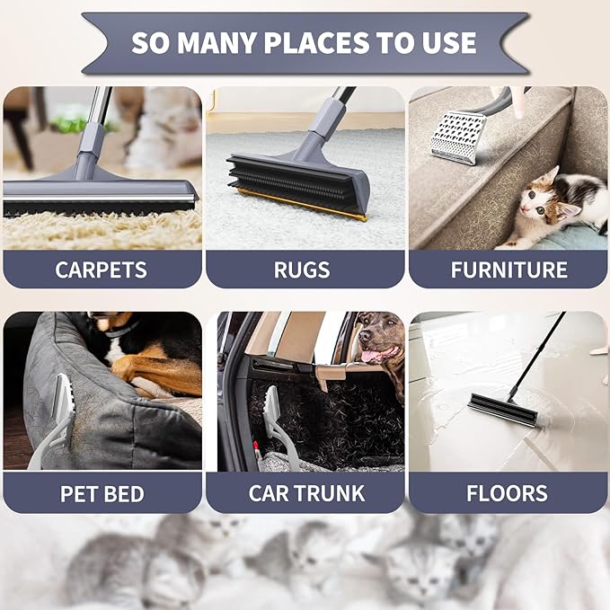 Carpet Rake for Pet Hair Removal - 3 in 1 Reusable Pet Hair Remover Tool with 58" Adjustable Long Handle,Dog & Cat Carpet Scraper,Pet Hair Remover for Rugs,Mats,Couch,Curtains(Gray)